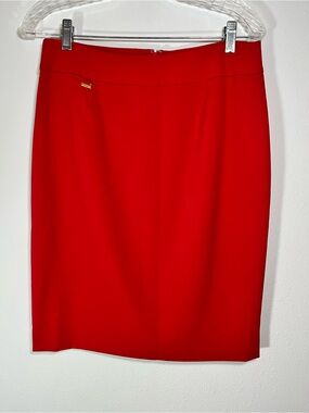 Calvin Klein Red Pencil Skirt with Gold Logo Accent